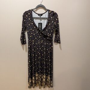 LBISSE Navy and Gold Women's Floral Dress NWT Made In USA Size Small